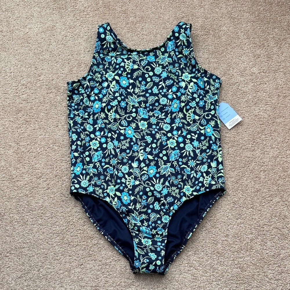 NWT Lands' End Girls High Neck Cross Strap Green Floral One Piece Swimsuit XL
